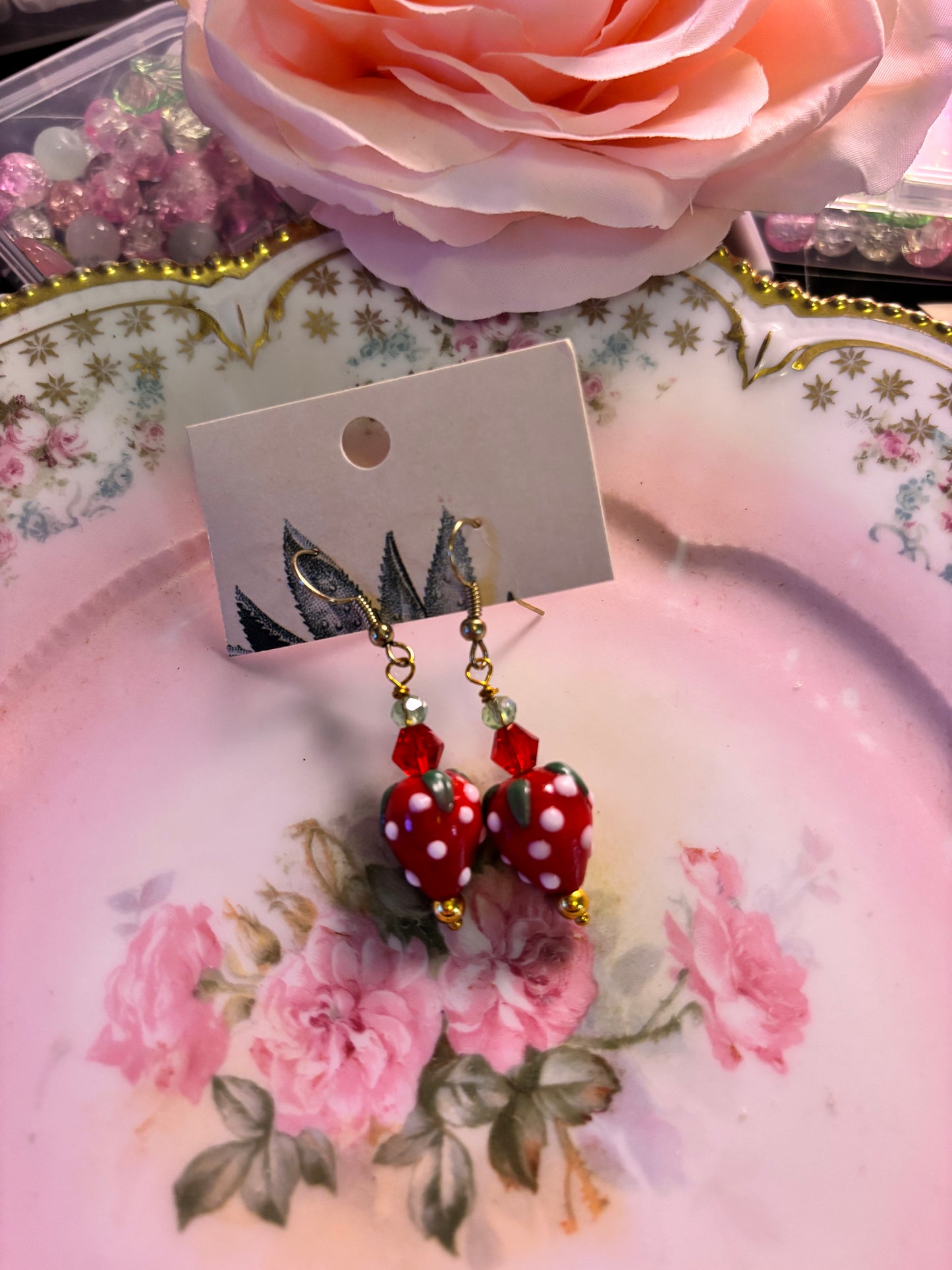 Strawberry Beaded Dangly Earrings