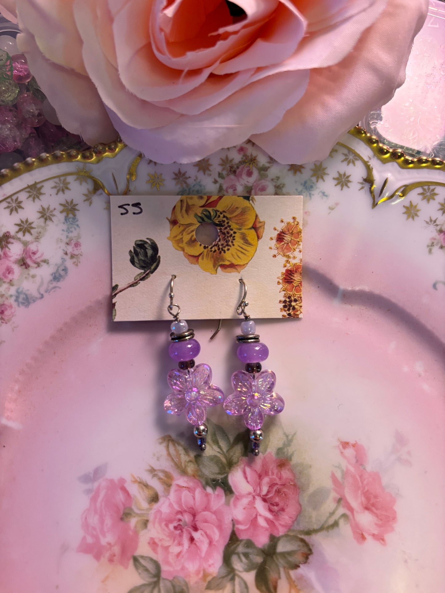 Purple flower beaded earrings