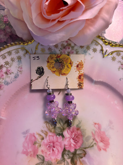 Purple flower beaded earrings