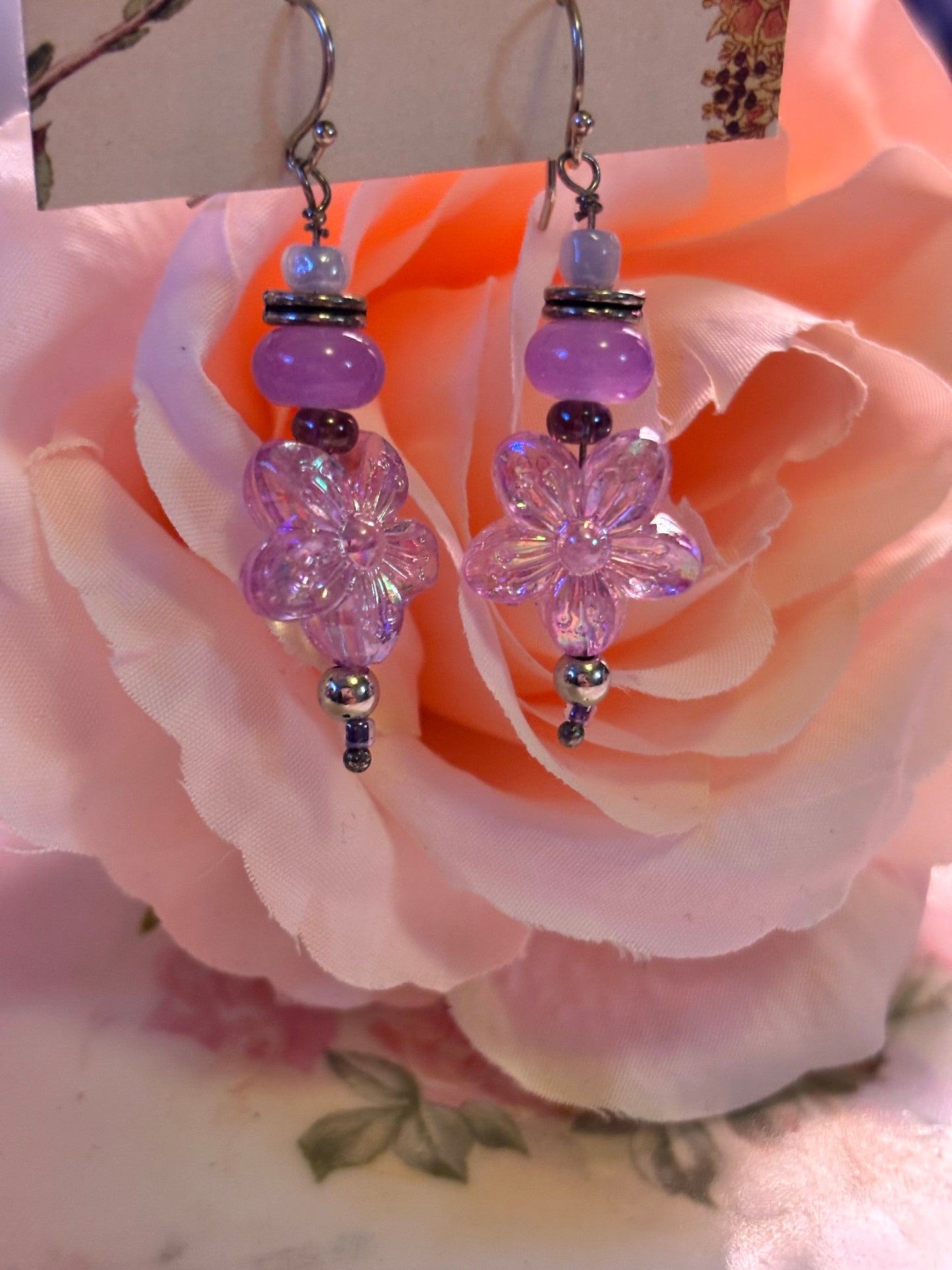 Purple flower beaded earrings